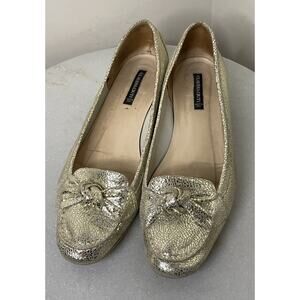 CLAUDIA CIUTI Gold Metallic Crinkled Leather Loafer Flats Twist Top Women Sz 8.5